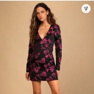 NWT Lulus Elegant Taste Black and Pink Floral Jacquard Mini Dress Size XS
